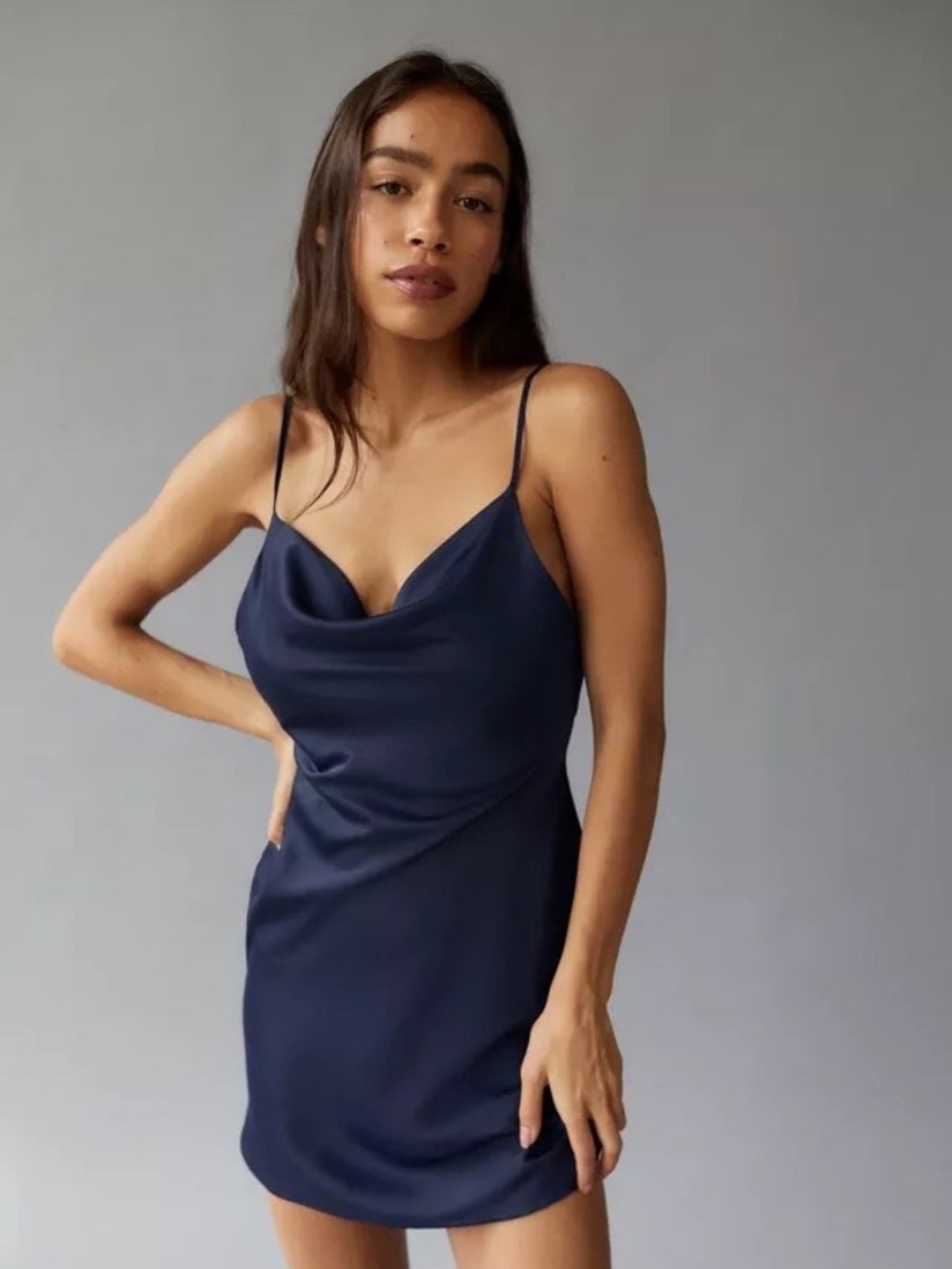 Urban Outfitters Mallory Cowl Neck  Satin Slip Mini Dress Navy M